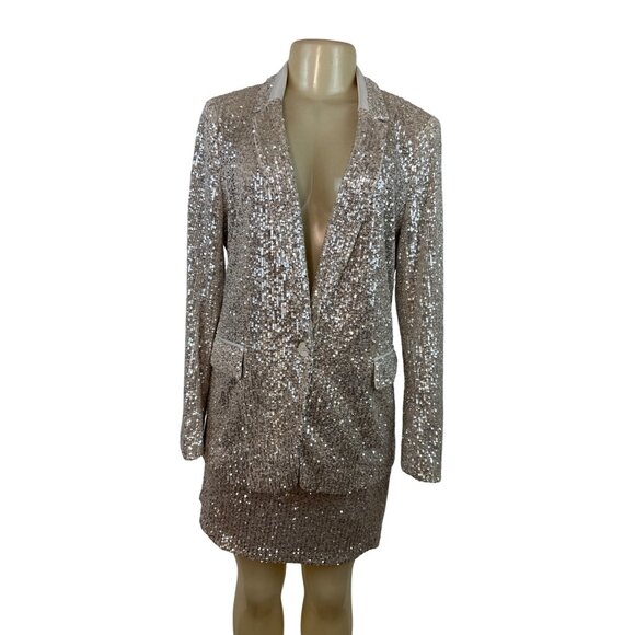 Banana Republic Women's Sequin Blazer & Mini Skirt Set Silver Sparkling Sz 8/10 - Picture 1 of 15